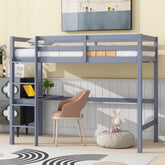 Twin High Loft Bed, Rubber Wood Loft Bed with Safety Guardrail, built-in desk, ladder,Grey