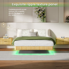 Oak Queen Floating Bed Frame with LED Lights, Wave Curve Wood Texture Bed with Heavy Duty Metal Slats - No Box Spring Needed.