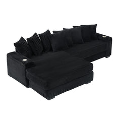111.4 " Black corduroy sofa, armrest with cup holder and storage function, recliner can be changed left and right, suitable for living room bedroom lounge area