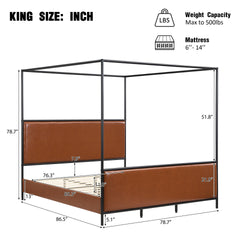 King Size Canopy Bed Frame With PU Upholstered Headboard, Iron Legs, Brown