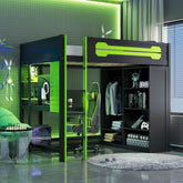 Full Size Wood Loft Bed with Desk, Open Wardrobe and RGB Light, Green