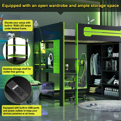 Full Size Wood Loft Bed with Desk, Open Wardrobe and RGB Light, Green