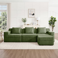 Modular 3 Seat L Shape Sectional Boneless Sofa, Cloud Sectional Couch with Deep Seat, Modern Modular 3-Seat Sofa Couch with Throw Pillows and 1 Movable Ottoman, Corduroy Fabric Green