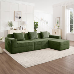 Modular 3 Seat L Shape Sectional Boneless Sofa, Cloud Sectional Couch with Deep Seat, Modern Modular 3-Seat Sofa Couch with Throw Pillows and 1 Movable Ottoman, Corduroy Fabric Green