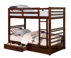 Twin Over Twin Transitional Style Bunk Bed With Two Large Drawers Under Bed Storage Attached Ladder Dark Walnut
