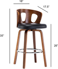 Wood and Black Faux Leather Mid-Century Modern Swivel Barstool with Decorative Back 26-Inch Seat Height