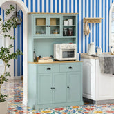 Light Blue Pantry Storage Cabinet Freestanding Kitchen Buffet with Hutch with Drawers, Glass Doors, and Adjustable Shelves