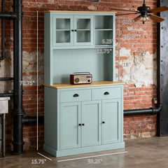 Light Blue Pantry Storage Cabinet Freestanding Kitchen Buffet with Hutch with Drawers, Glass Doors, and Adjustable Shelves