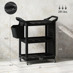 Capacity Plastic Utility Cart with Side Shelf and Storage Bucket,3-Tier Rolling Tool Cart