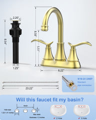 Bathroom Faucet Brushed Gold with Pop-up Drain & Supply Hoses 2-Handle 360 Degree High Arc Swivel Spout Centerset 4 Inch Vanity Sink Faucet
