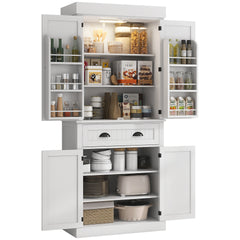 HOMCOM 71" Kitchen Pantry Cabinet with Motion Sensor Light, Tall Storage Cabinet with 6 Door Shelves, a Drawer & 4 Adjustable Shelves, for Living Room, Dining Room, White