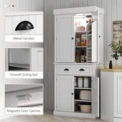 HOMCOM 71" Kitchen Pantry Cabinet with Motion Sensor Light, Tall Storage Cabinet with 6 Door Shelves, a Drawer & 4 Adjustable Shelves, for Living Room, Dining Room, White
