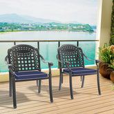 Cast Aluminum Patio Dining Chair 2PCS With Black Frame and Blue Cushions