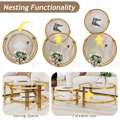 Modern 2 - Piece Gold Finish with Textured Glass Coffee Table Set, Nesting Coffee Table with Tempered Glass for Living Room, 32.75"