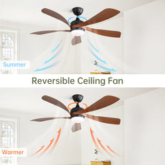 52 Inch Indoor Ceiling Fan With 3 Color Dimmable 5 ABS Blades Remote Control Reversible DC Motor Black With Led Light
