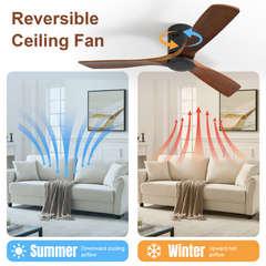 52 Inch Flush Mount Ceiling Fan DC 3 Wood Fan Blade Noiseless Reversible Motor Smart Remote Control Without Light