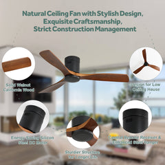 52 Inch Flush Mount Ceiling Fan DC 3 Wood Fan Blade Noiseless Reversible Motor Smart Remote Control Without Light