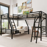 Twin over Full Bunk Bed with a Twin Size Loft Bed attached, with a Desk, Metal, Black