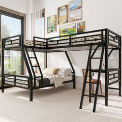 Twin over Full Bunk Bed with a Twin Size Loft Bed attached, with a Desk, Metal, Black