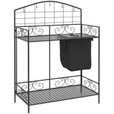 Outsunny Folding Potting Bench Table, Metal Garden Workstation, Work Bench with Large Build-In Bag with Cover, 5 Hanging Hooks & Storage Shelf, Flourishes