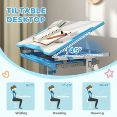 Qaba Kids Desk and Chairs Set, Height Adjustable Children School Study Desk with Tilt Desktop, Storage Drawer, Pen Slot, Hook, Ergonomic Table and Chair Set for Kids, Blue