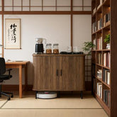 Storage Cabinet Sideboard Buffet Cabinet with Storage, Nordic Coffee Bar Cabinet with Slatted Tambour Doors and Metal Legs, Walnut