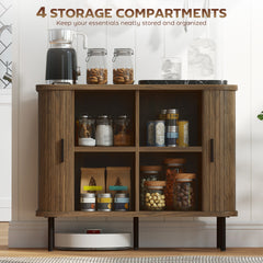Storage Cabinet Sideboard Buffet Cabinet with Storage, Nordic Coffee Bar Cabinet with Slatted Tambour Doors and Metal Legs, Walnut