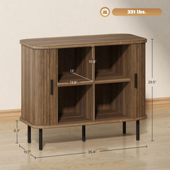 Storage Cabinet Sideboard Buffet Cabinet with Storage, Nordic Coffee Bar Cabinet with Slatted Tambour Doors and Metal Legs, Walnut
