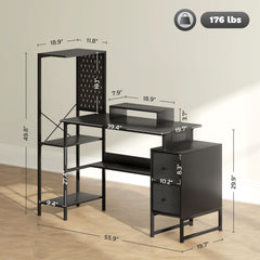 Gaming Desk with Storage, Computer Table with Power Outlets and LED Lights,For Home and Office