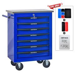 7 Drawers Multifunctional Tool Cart with Wheels,Metal Rolling Tool Cart Storage for Garage Workshop Warehouse Repair Shop--With Stainless Steel Roof- BLACK&BLUE
