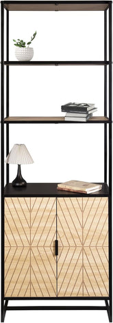 Bali Coastal Modern 6-Tier Book Shelf with Storage, Black with Natural Wood