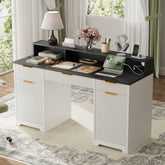 Executive Office Desk Computer Table with Power Outlets and Monitor Stand, Writing Desk with Keyboard Storage Drawer and File Cabinets for Home Office