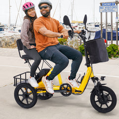 Foldable Electric Tricycle for Adults – 350W (Peak 500W), 480Wh Removable Battery, 2 Seats, Large Basket, Black & Yellow (Ideal for Seniors & Women)