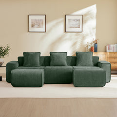 Streamlined Design Modular 3 Seat U Shape Sectional Boneless Sofa with French Edge Piping, No Assembly Required,3-Seat Sofa Couch with Throw Pillows and 2 Movable Ottomans, Velvet Fabric Green
