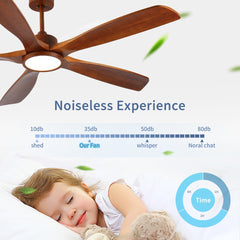 60 inch Wood Ceiling Fans with Lights and Remote, 5 solid wood blades,Modern Low Profile Ceiling Fan with Light, 6 Speed, Reversible DC Motor, for Bedroom/Outdoor/Farmhouse/Patios