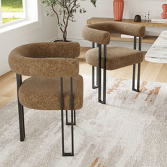 Set of 2 Upholstered Dining Arm Chairs, Bouclé Fabric Accent Chairs with Metal Frame, Modern Armchairs with Cushioned Seat & Back, Stain-Resistant, Living Room & Dining Room