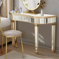 47" Half-Moon Mirrored Console Table with Fluted Glass & Crystal Knob Drawer - Silver Entryway Vanity Desk for Bedroom/Dressing Room(Gold+Sliver)