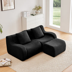 L-Shaped Teddy Fabric 2-Seat Boneless Sofa,No Assembly Required Curved Armrest,Streamlined Design Ergonomic Design,32D High Density Sponge For Living Rooms Rest Areas Bedroom,Black