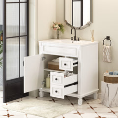 30" Bathroom Vanity with Ceramic Sink, Small Bathroom Sink Cabinet, Modern Cabinet with 2 Drawers and Adjustable Shelf