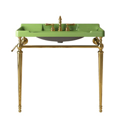 VICI 36" Bathroom Console Sink, Wall-Mounted Green Ceramic Vanity Basin with 3 Pre-drilled Faucet Holes, Freestanding Stainless Steel Support Legs with Towel Bar, No Faucet & Sink Cover, Gold Color