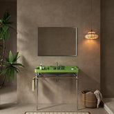 VICI 36" Bathroom Console Sink, Wall-Mounted Green Ceramic Vanity Basin with 3 Pre-drilled Faucet Holes, Freestanding Stainless Steel Support Legs with Towel Bar, No Faucet & Sink Cover, Chrome Color