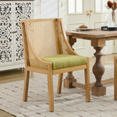 Rattan Dining Chairs, Solid Wood Frame with Decorative Armrests, Linen Upholstered Seat, Rustic Wooden Style Side Chairs for Kitchen, Dining Room, Living Room, Natural Finish,Olive Green,Single Pack
