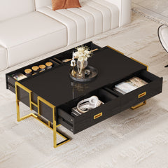 Modern Black Rectangular Coffee Table with 4 Drawers and Gold Base in 47.3"