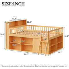 Full Size Loft Bed with Storage, Headboard with LED Light , Natural