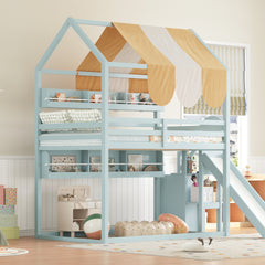 Full Size house Bed with Canopy, Slide & Built-In Bookshelves, Light green