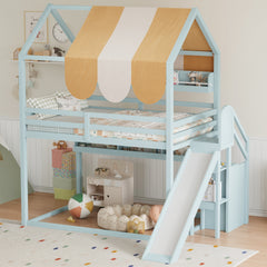 Full Size house Bed with Canopy, Slide & Built-In Bookshelves, Light green