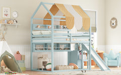 Full Size house Bed with Canopy, Slide & Built-In Bookshelves, Light green