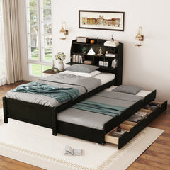 Twin Size Wooden LED Platform Bed with Trundle, with Storage Headboard, with Drawers, Espresso