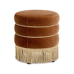 Edward 17.5" Round Upholstered Ottoman with Bullion Fringe Burnt Orange Performance Velvet