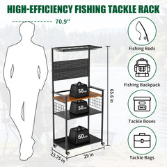 Fishing Rod Storage Rack with Pegboard, Rolling Tackle Organizer Cart, Multi-Tier Fishing Gear Stand for Rods, Reels, Tackle Boxes & Bags, Heavy Duty Metal Holders with Lockable Wheels